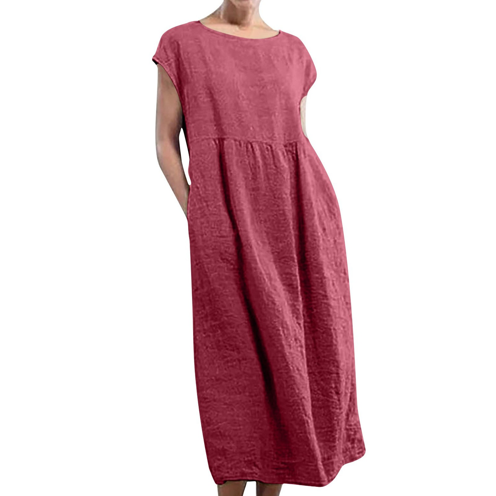 thumbnail image 2 of Vestido largo tipo caftán sin mangas con cuello redondo y bolsillos para mujer - Corte holgado, tejido de lino, informal/de fiesta para el verano - Tallas S-XXXXXL, 2 of 2